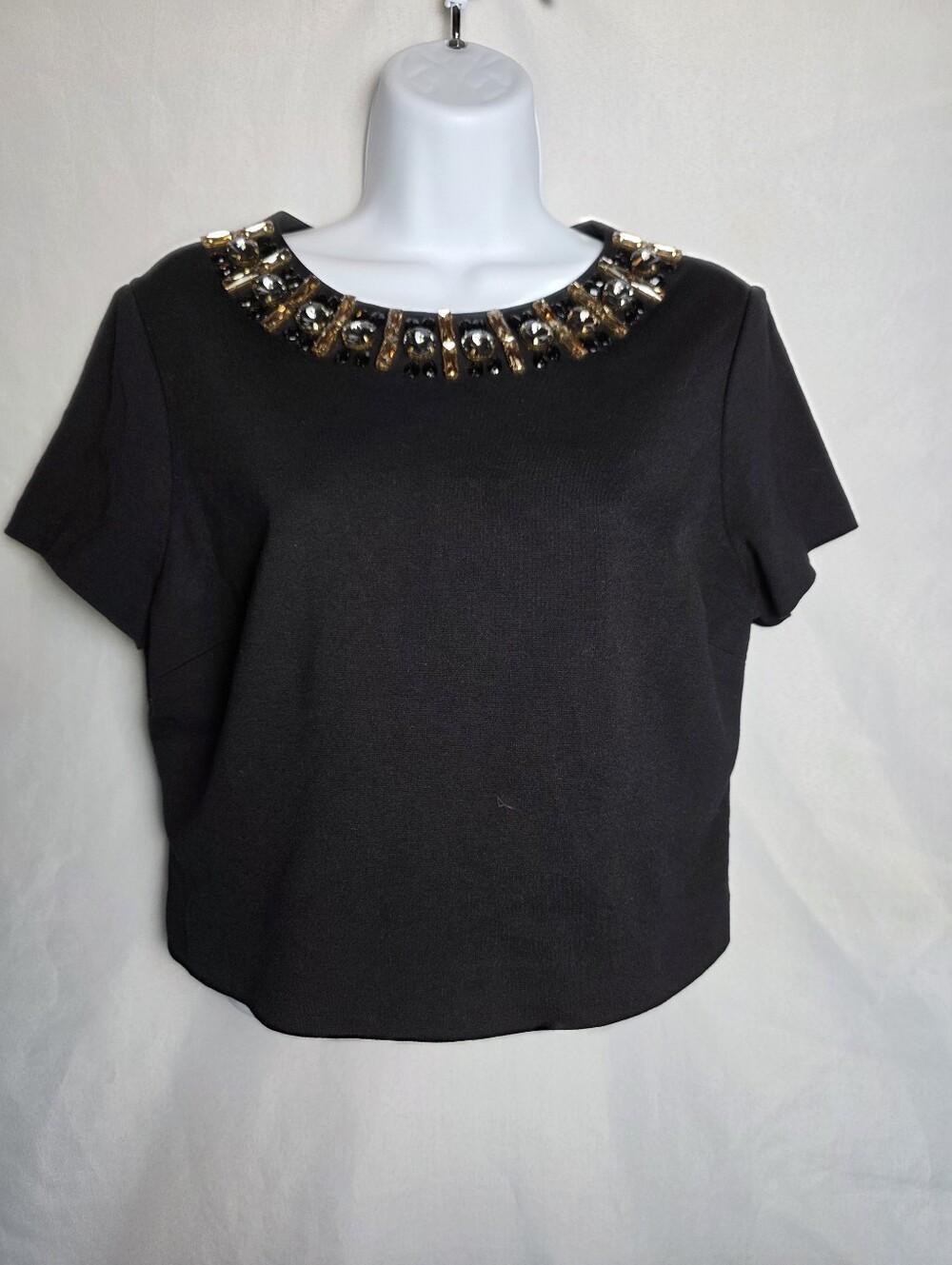 Eliza J Black Short Sleeve Jeweled Neckline Evening Blouse Top Women's Size 10